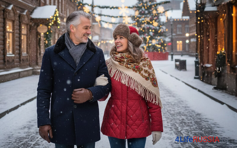 Пара гуляет по заснеженной праздничной улице с гирляндами