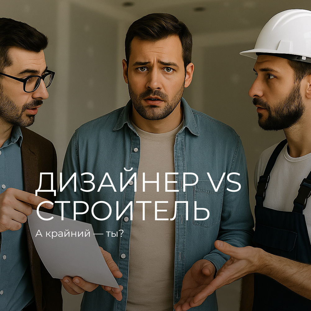 Мужчина в центре с растерянным выражением лица стоит между дизайнером (в очках с документами) и строителем (в каске и рабочей форме), которые ведут оживлённый спор. Изображение иллюстрирует конфликт и недопонимание в процессе ремонта. Текст на изображении