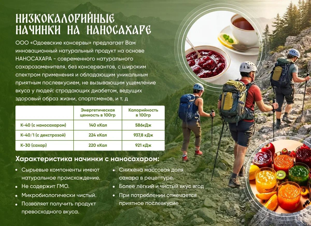 Слайд коммерческого предложения «Одоевских консервов»: низкокалорийные начинки на наносахаре, таблица калорийности трёх видов начинок и список характеристик