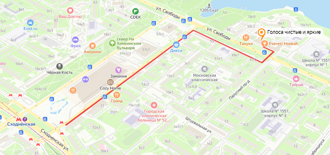 Изображение карты пути от метро до музыкальной мастерской "Голоса чистые и яркие"