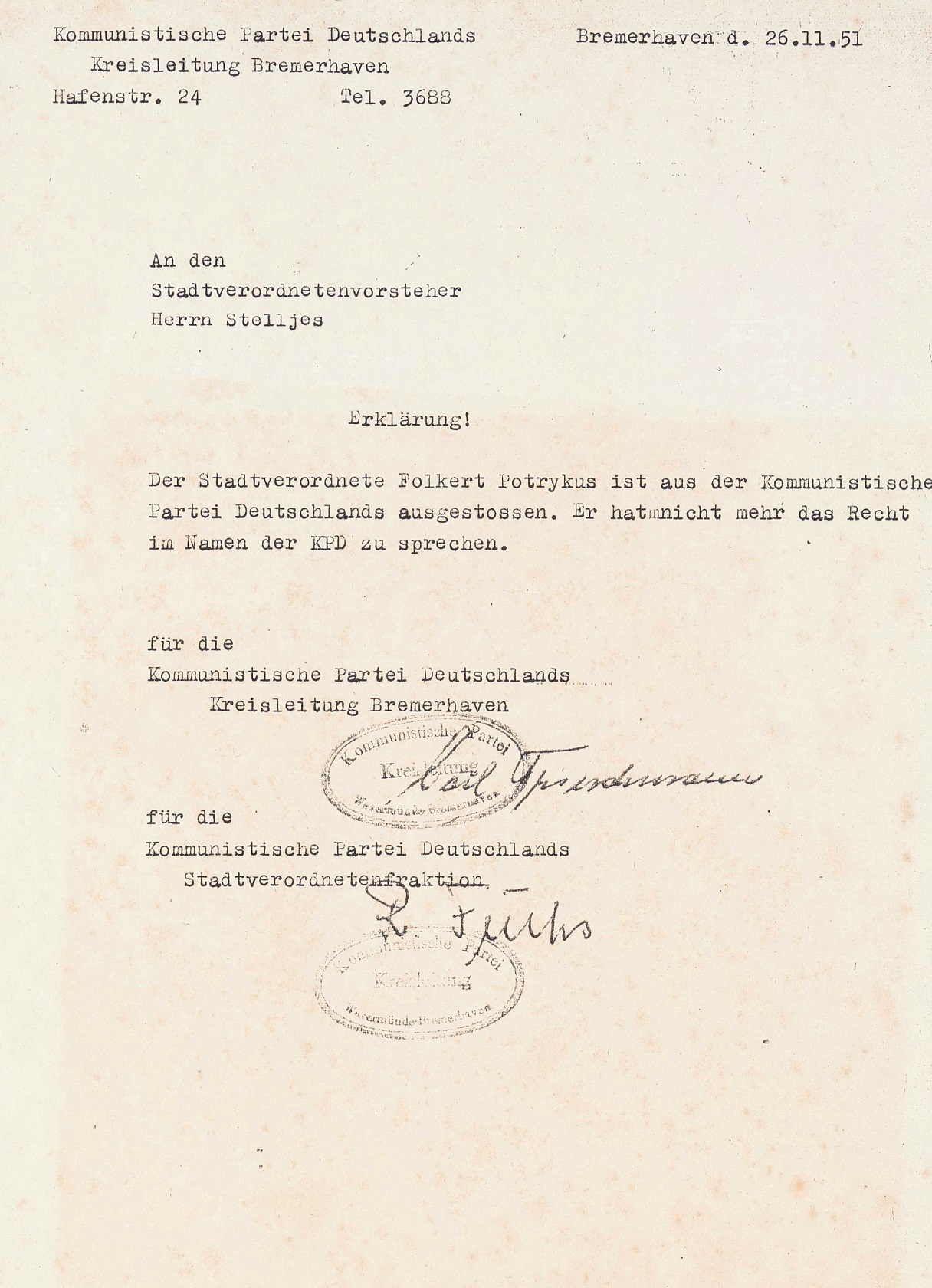 Potrykus´ Ausschlussbestätigung (1951)