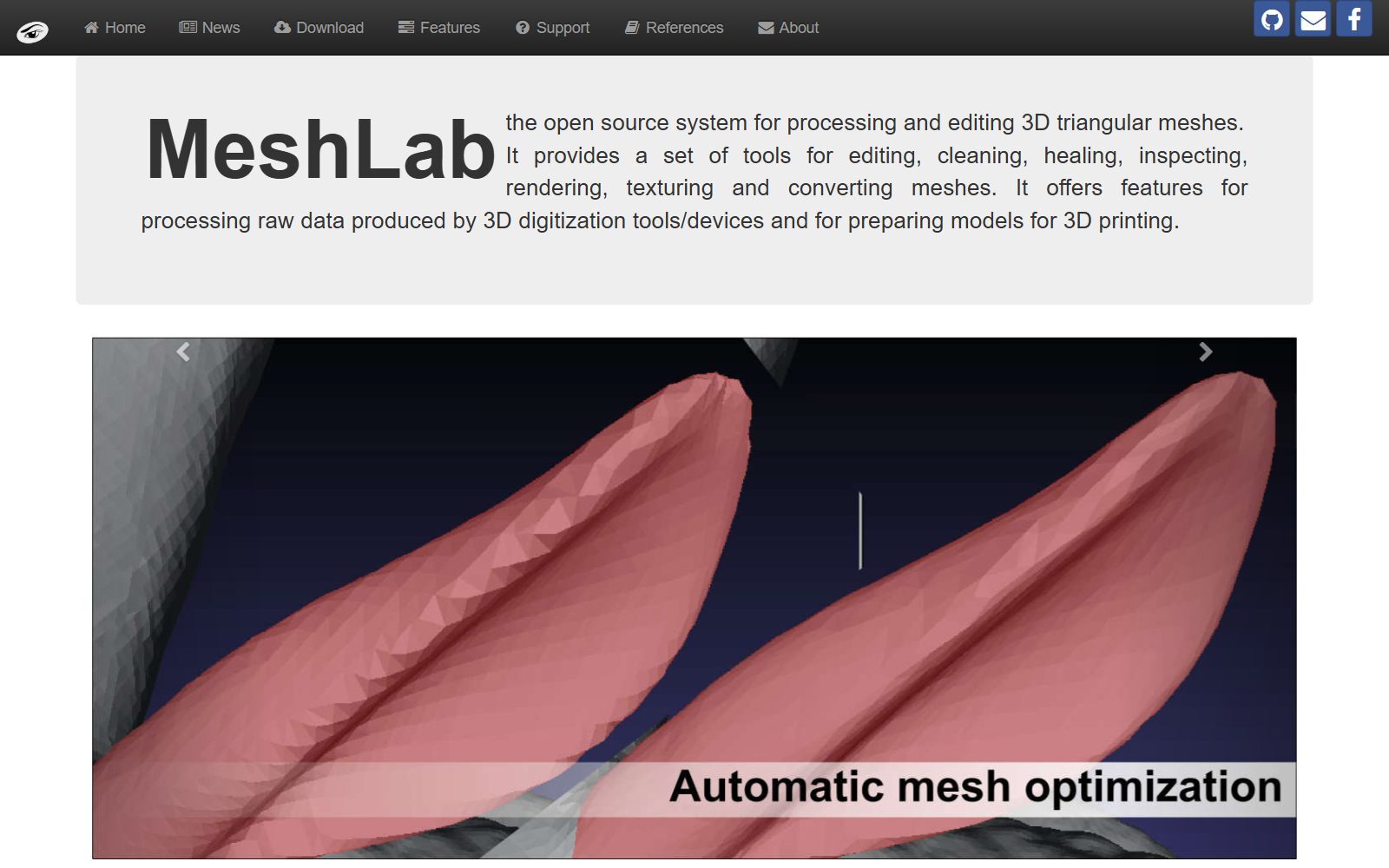 MeshLab homepage screenshot (October 2026)