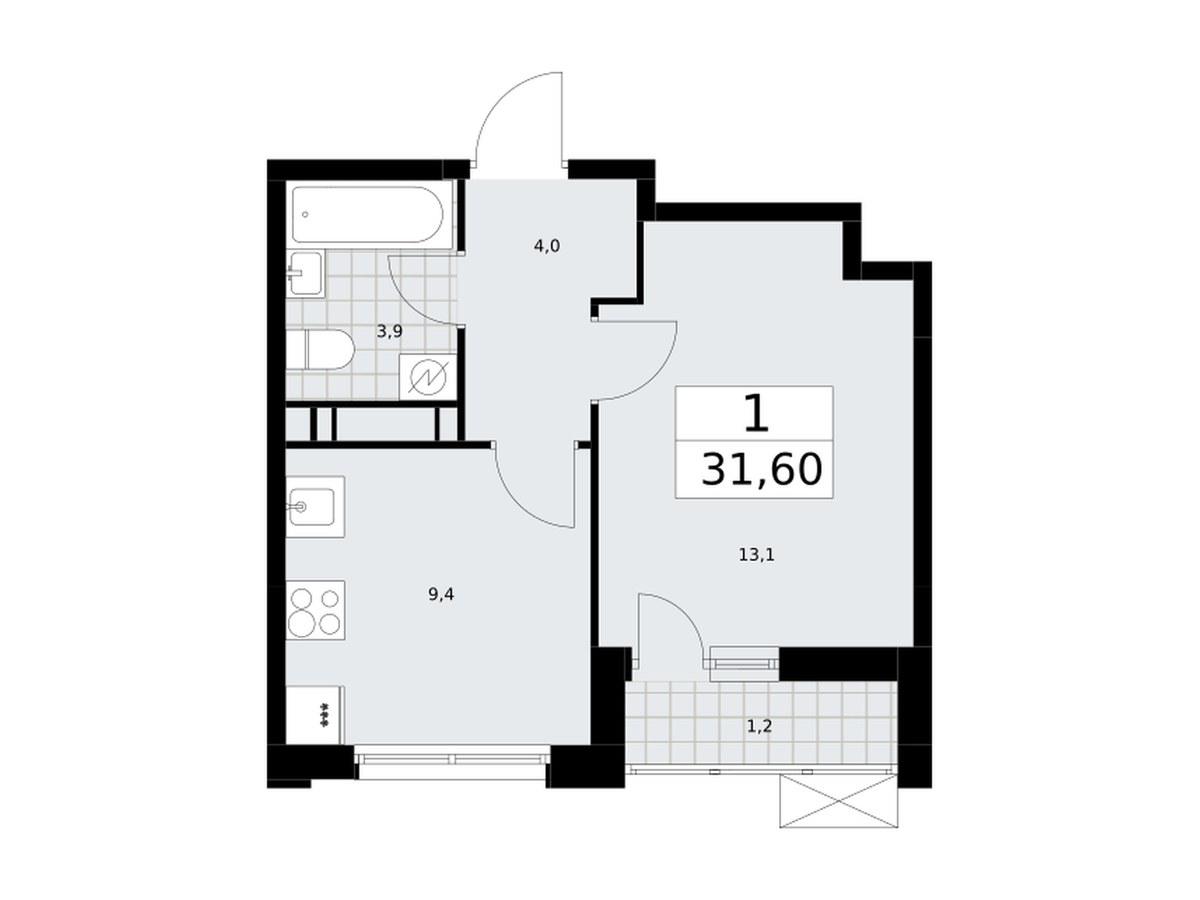 Планировка: 1-комнатная квартира 31,6 м², ЖК Скандинавия, корпус 28.1