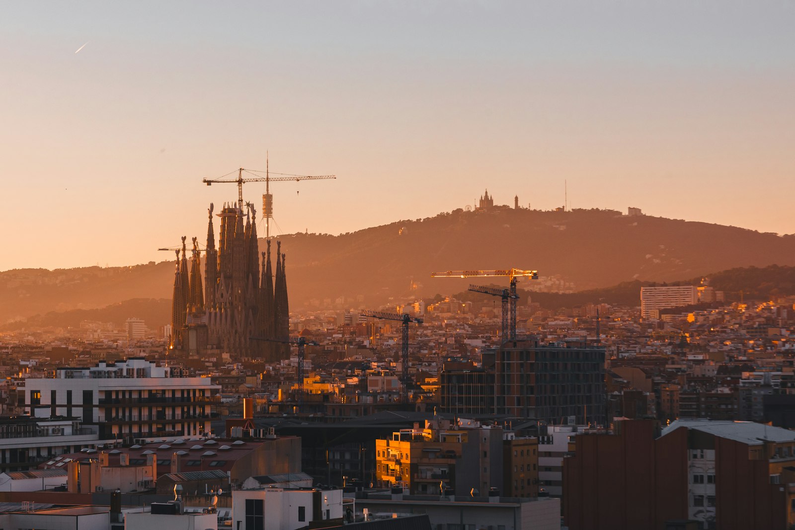 Sagrada Família and the Collserola hills at sunset, Barcelona