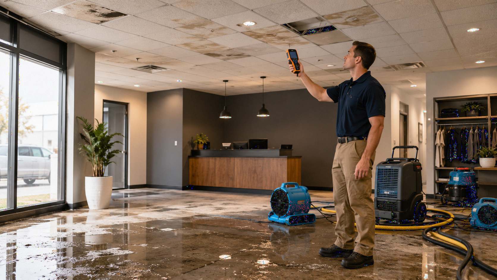 Commercial water damage restoration Virginia scene showing a restoration technician inspecting water-damaged ceiling tiles with a moisture meter standing water on a retail or office floor air movers dehumidifier extraction equipment and commercial drying 