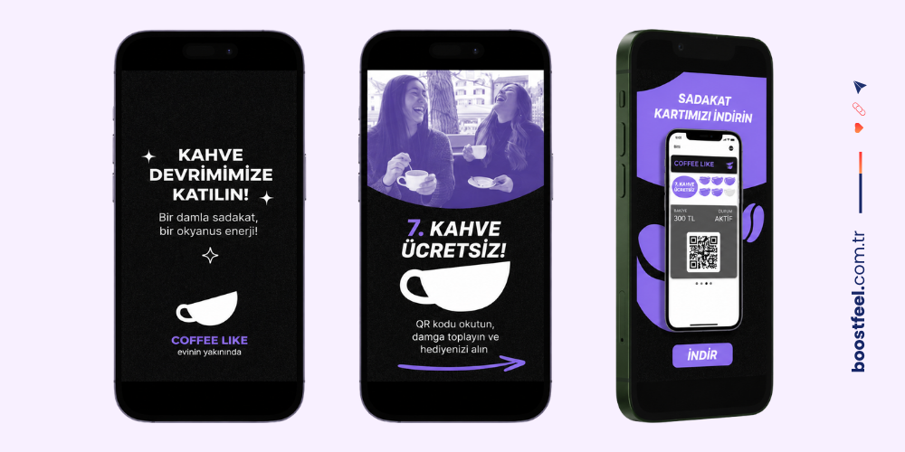 Markaya özel Wallet sadakat kartı kampanya tasarımları: dijital sadakat kartı indirme ekranı ve ücretsiz kahve kampanyası örnekleri