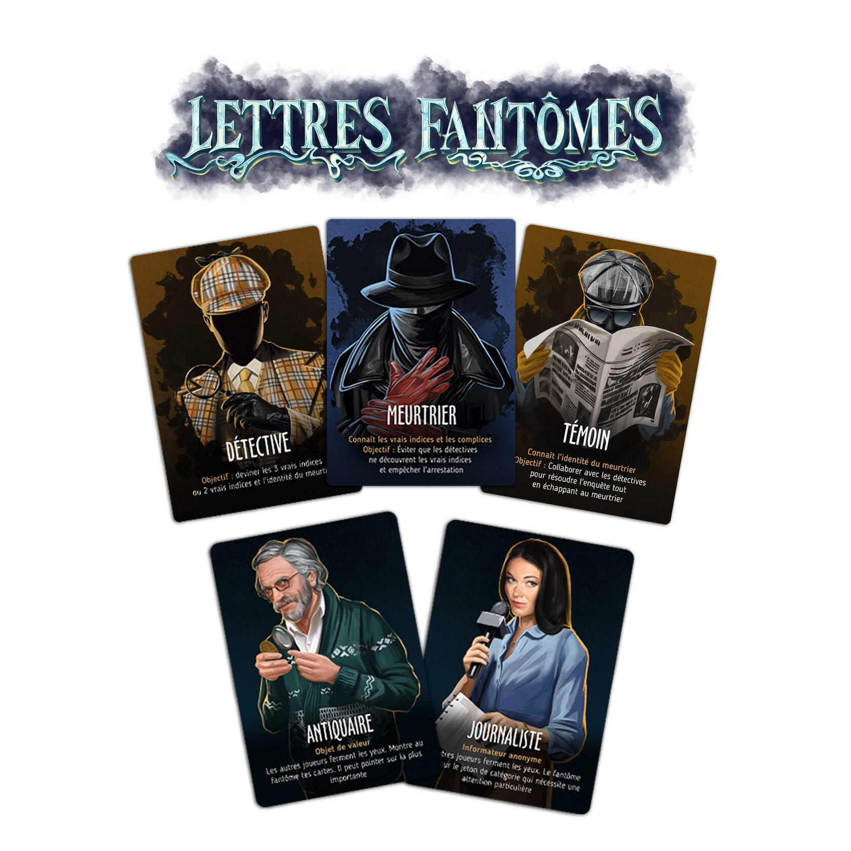 Cartes françaises : Détective, Meurtrier, Témoin, Antiquaire et Journaliste