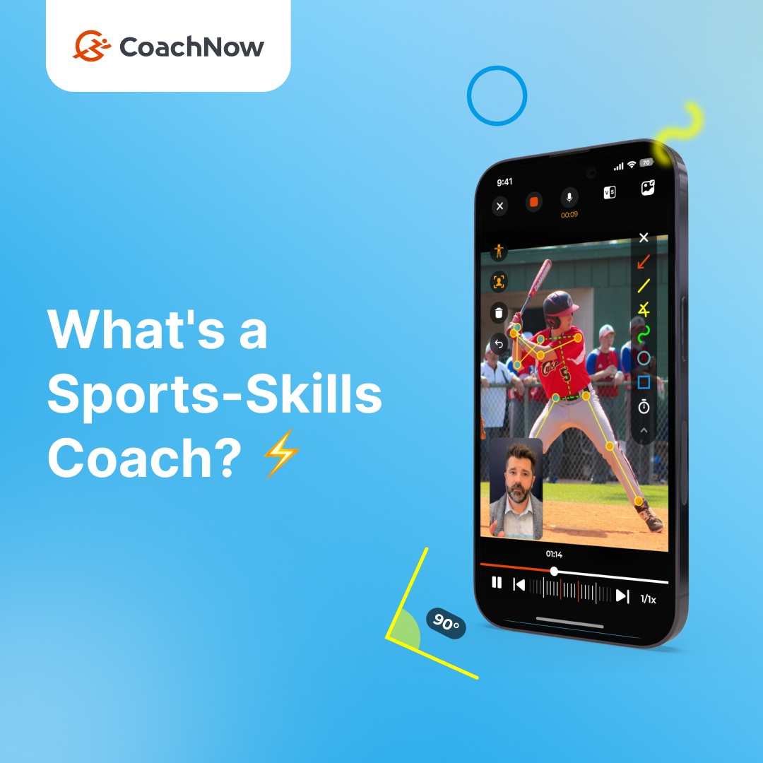 What's a Sports-Skills Coach? An iPhone 15 on a blue background with a video of a baseball player on the phone using skeleton tracking.