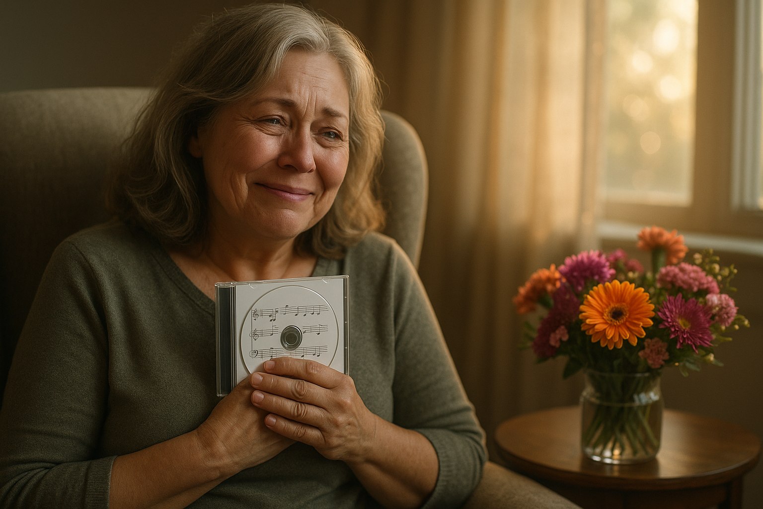 Счастливая мама слушает песню в подарок на день рождения в уютной обстановке