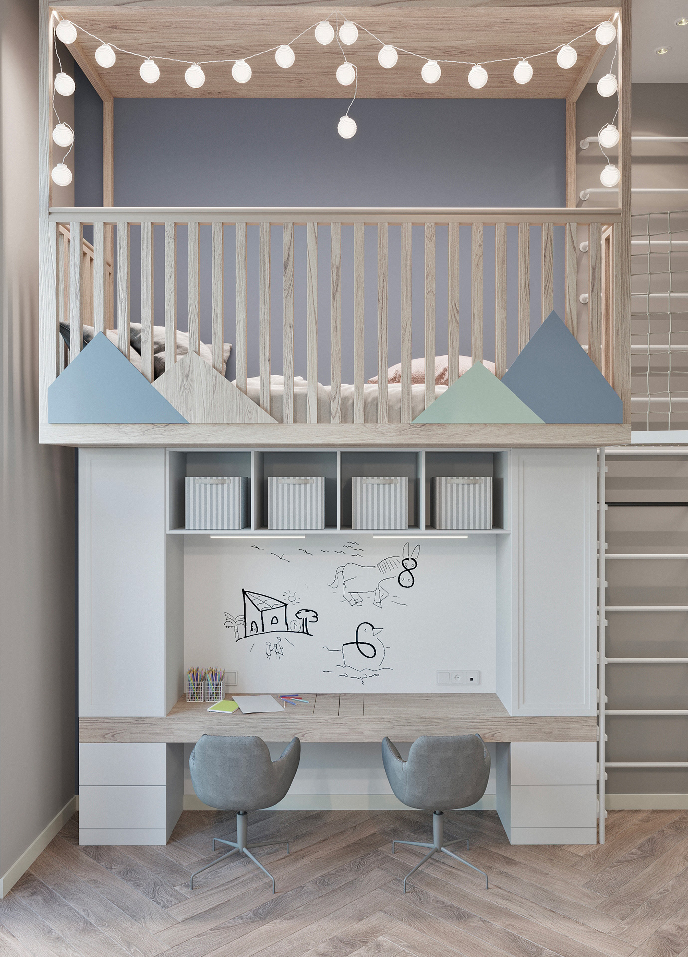 Chambre d’enfant avec bureau intégré sous lit en hauteur