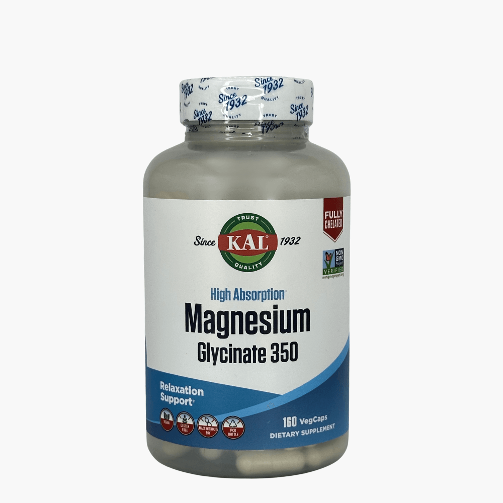 Упаковка KAL Magnesium Glycinate — магний в форме глицината для поддержания сердечно-сосудистой системы и общего самочувствия.