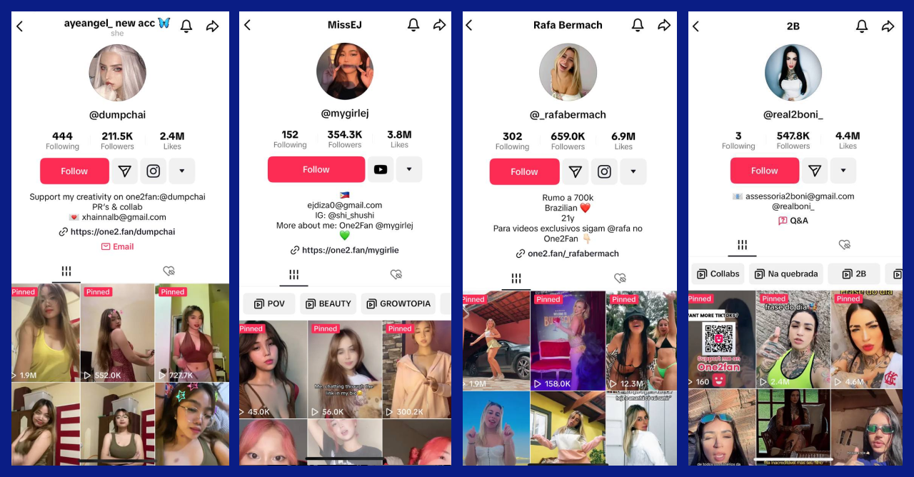 The screenshots show that many TikTok creators add their One2fan link in their bios to tell their fans about One2fan.