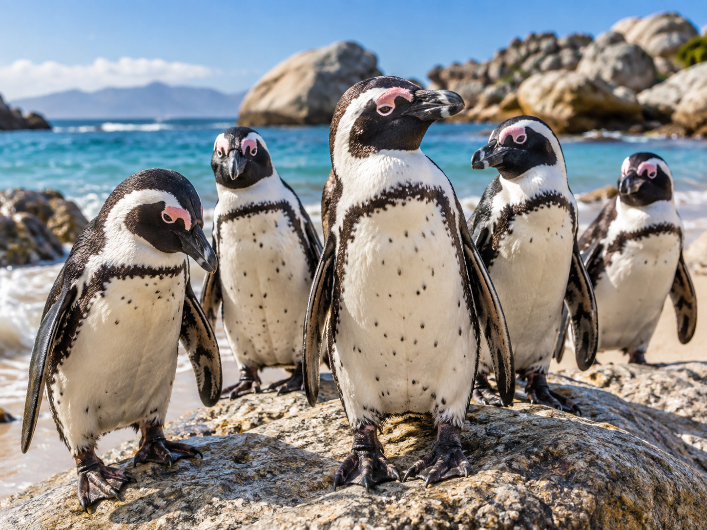 Boulders Beach: сразу пять африканских пингвинов крупным планом — именно за такими кадрами сюда и хочется ехать. Фото сгенерировано для статьи.