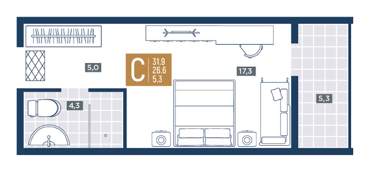 Планировка студия 31,9 м²
