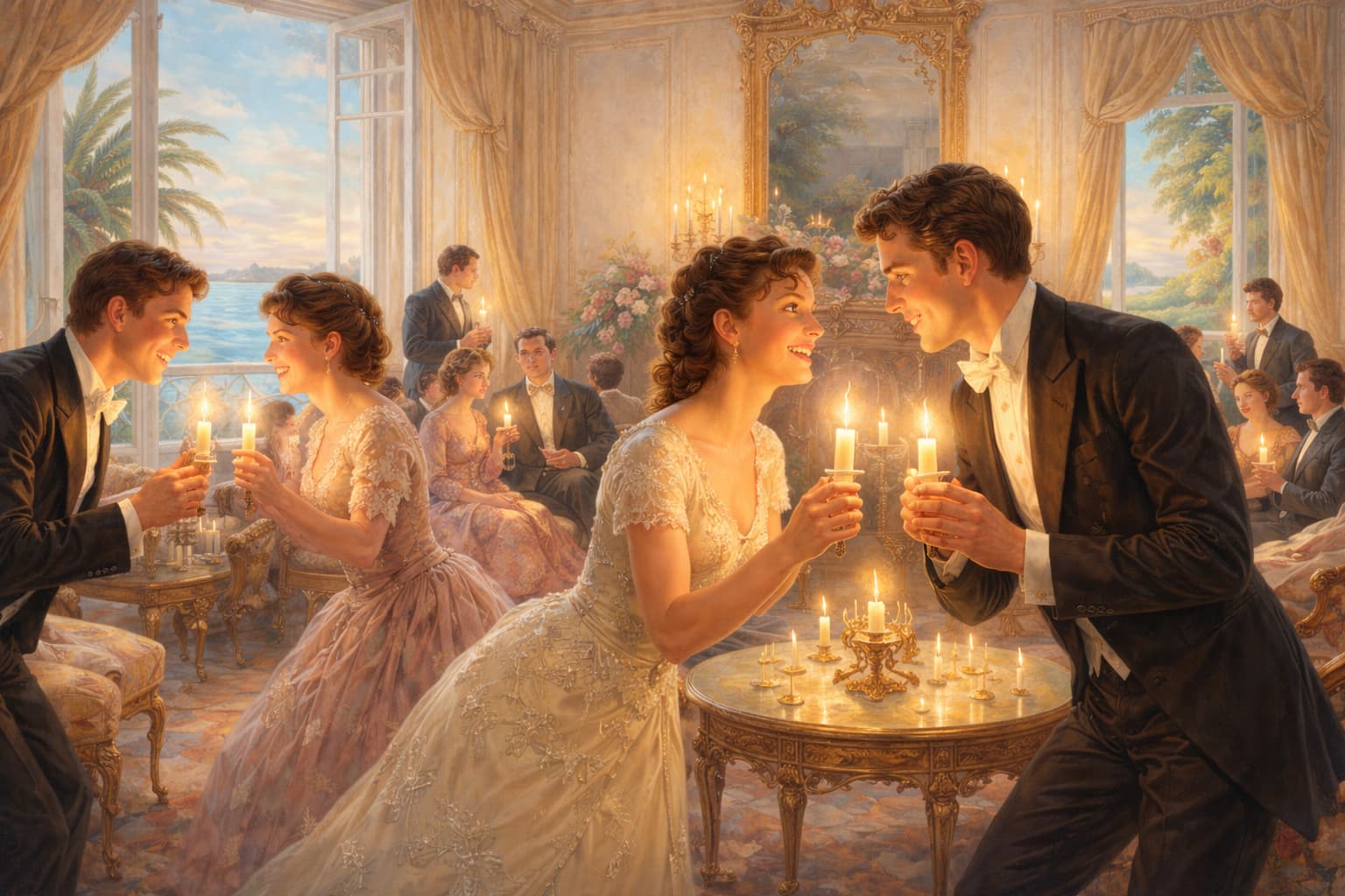 Belle Époque couple in Nice holding individual candles during a romantic candle game, French Riviera villa interior, late 19th century Mediterranean atmosphere