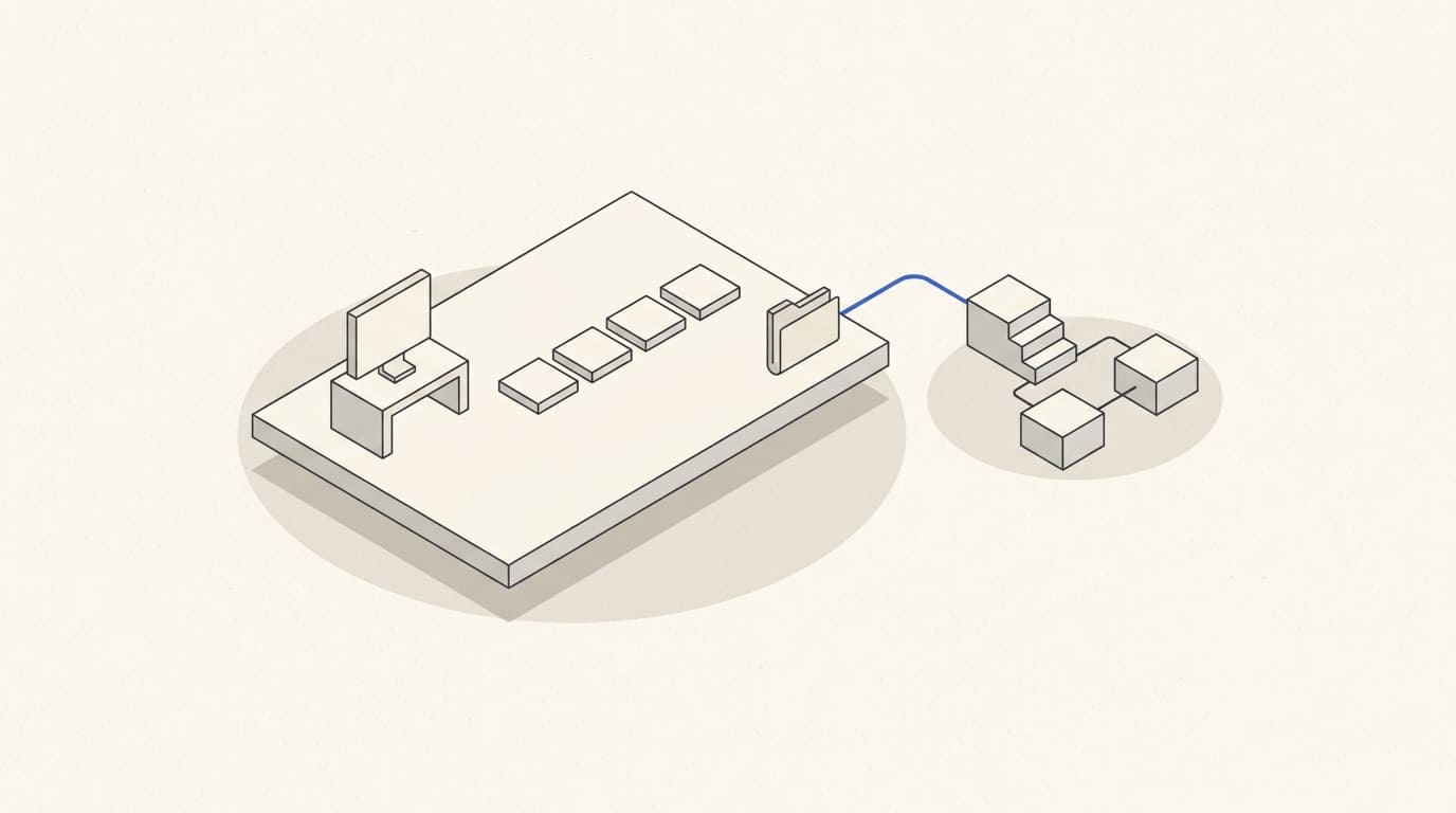 A company panel with a workspace, role tiles and project folder beside a process diagram.