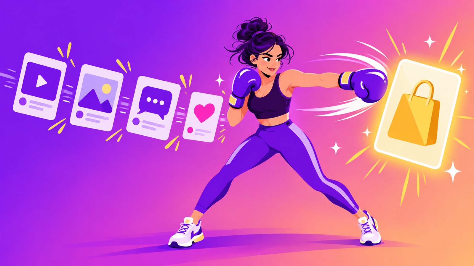 Jab, Jab, Jab, Right Hook summary illustration: a woman founder in boxing gloves jabbing at social media posts before a right hook to a shopping bag