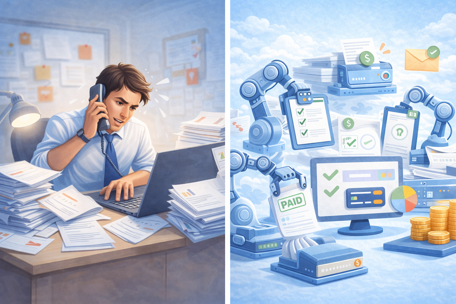 Менеджер с бумажными счетами и ручным контролем документов и биллинговая система с автоматическим формированием счетов и учетом оплат в SaaS