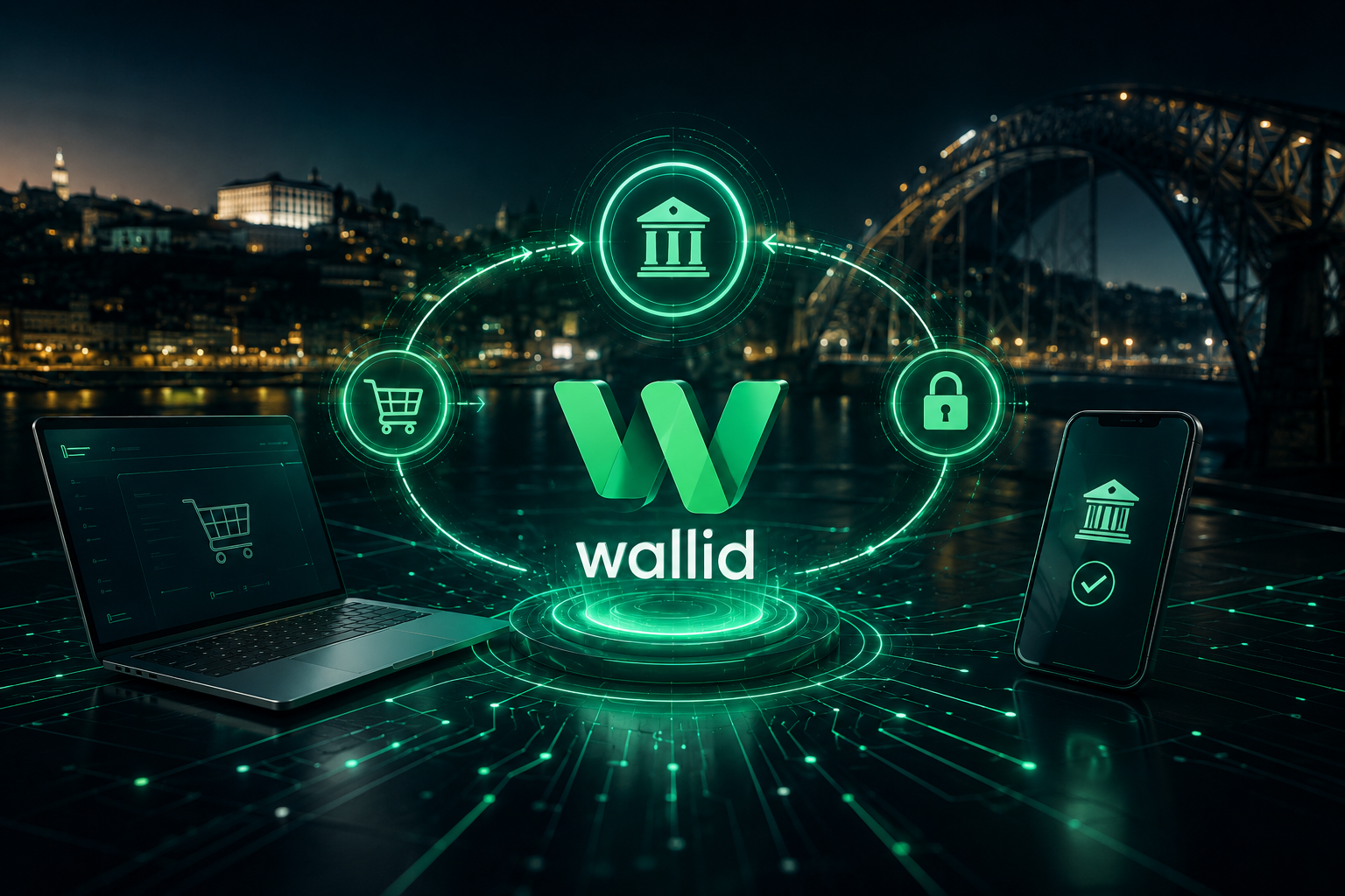 Infraestrutura futurista pay-by-bank da Wallid para lojas Shopify e WooCommerce em Portugal com integração de Multibanco e MB Way