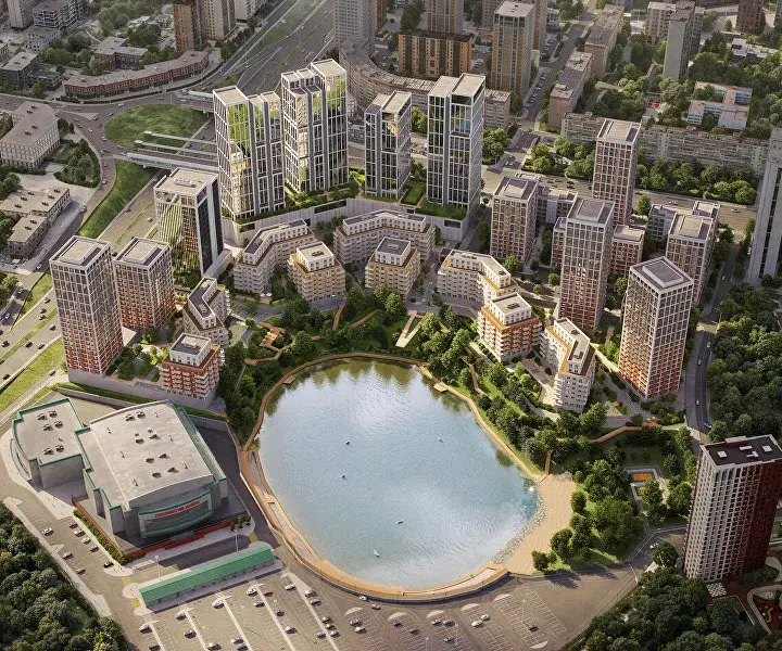 визуализация проекта ЖК Город на озере в локации озера верхового. На первой береговой линии будут располагаться урбан виллы 