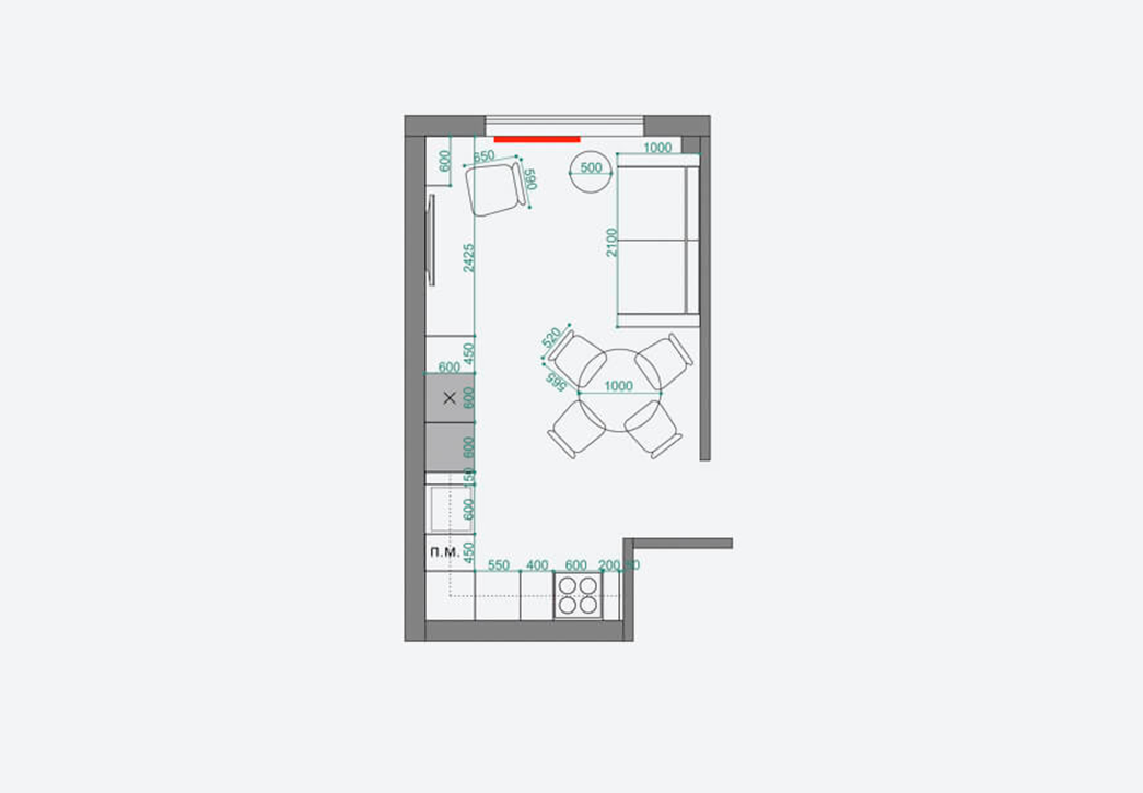 Планировка кухни-гостиной с площадью 18 м²