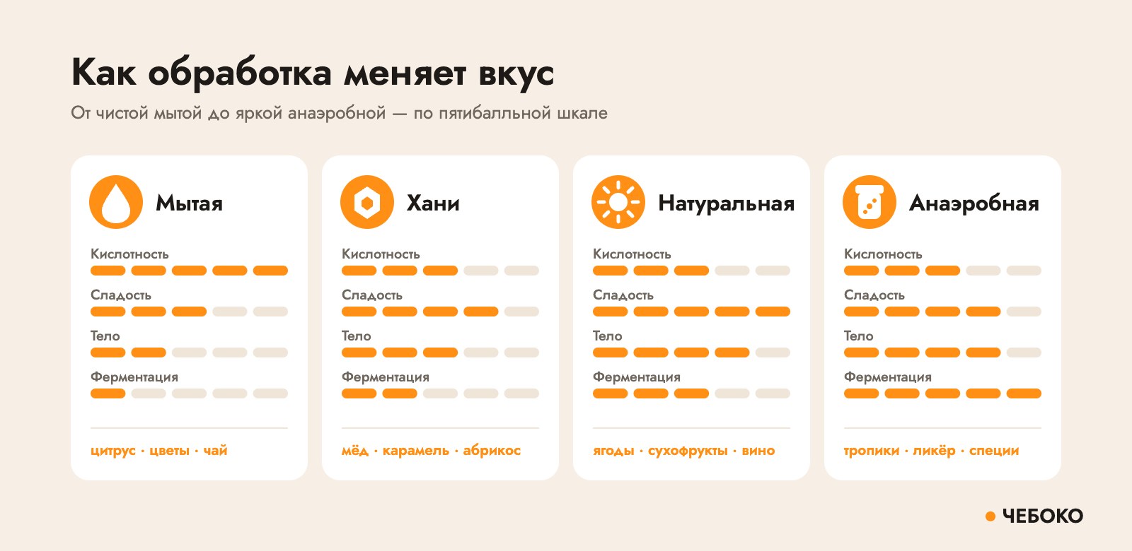 Вкус кофе разной обработки: мытая, хани, натуральная, анаэробная — кислотность, сладость, тело, ферментация