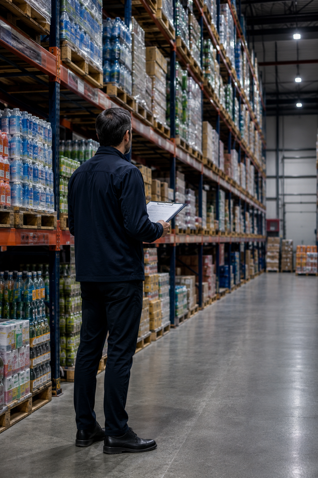 Специалист проверяет документы поставщика на складе товаров FMCG