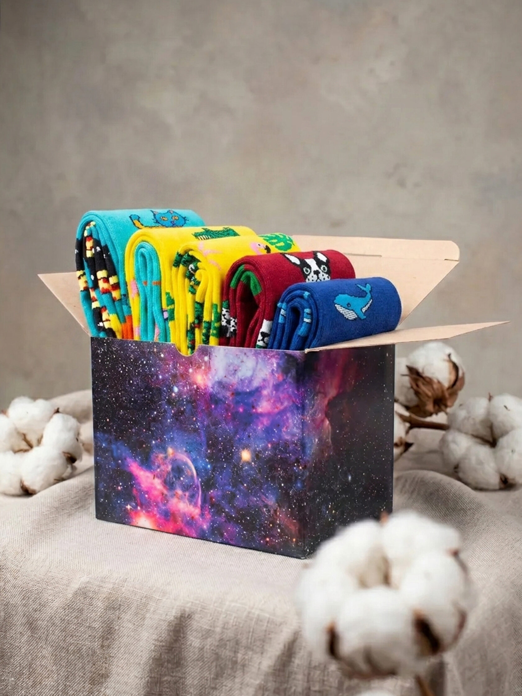 Подарочная коробка с разноцветными носками с рисунками Babushka Socks