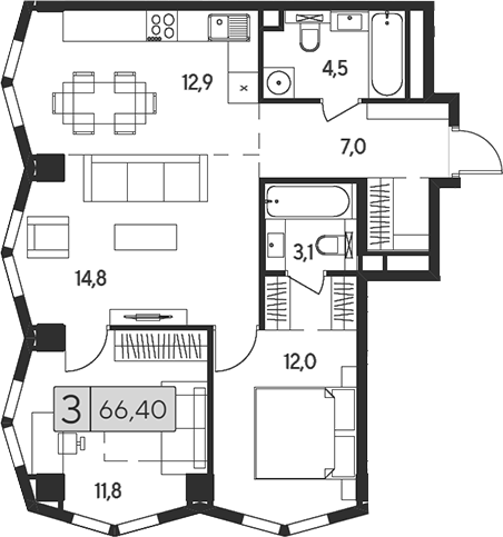 3-комн 66,40 м²