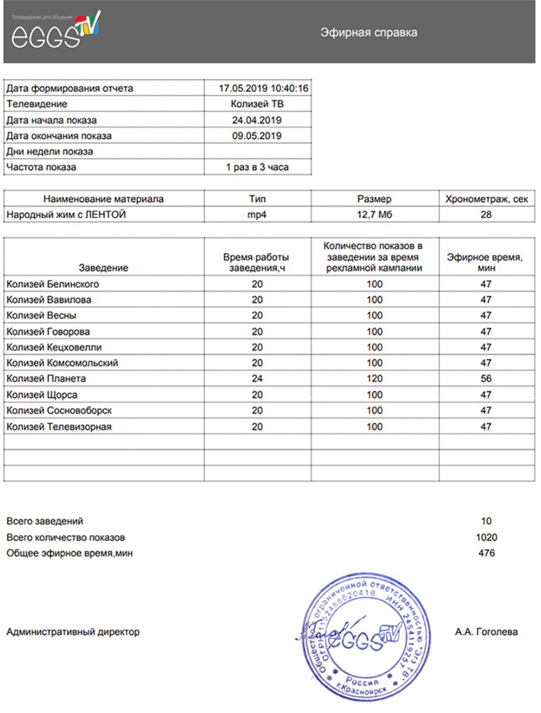 Эфирная справка телеканала образец