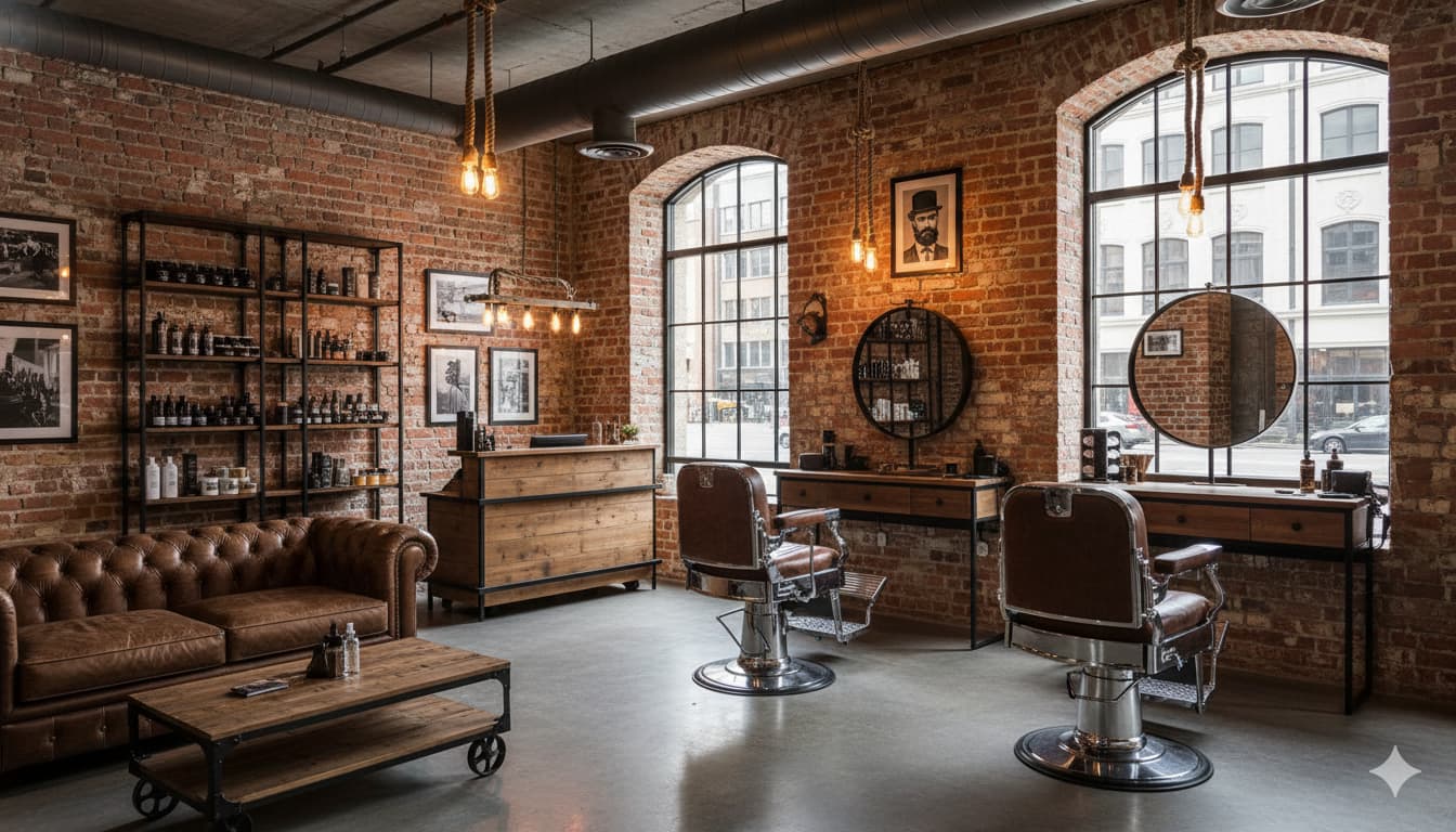 Стильный интерьер барбершопа в стиле лофт с кирпичными стенами и кожаными креслами