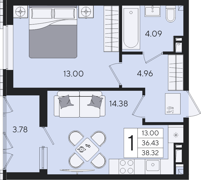 1-комнатная 38,32 м²
