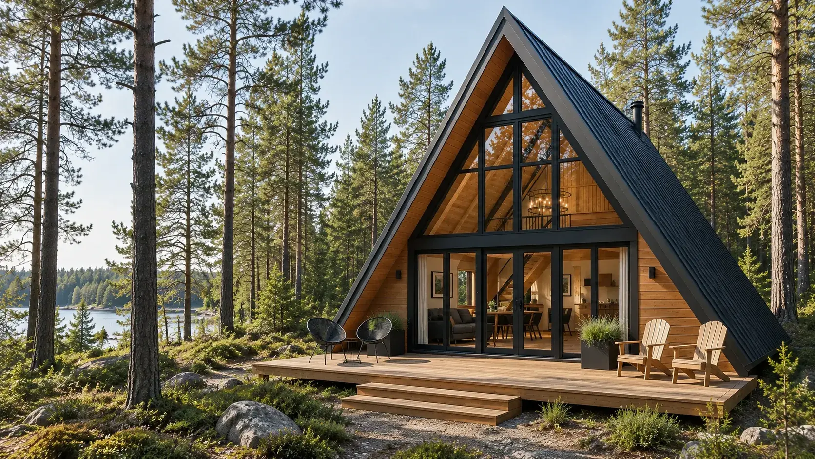 A-Frame дом Pine Loft 6×8 м, 72 м²: треугольный панорамный фасад, деревянная обшивка, тёмная кровля и терраса среди сосен