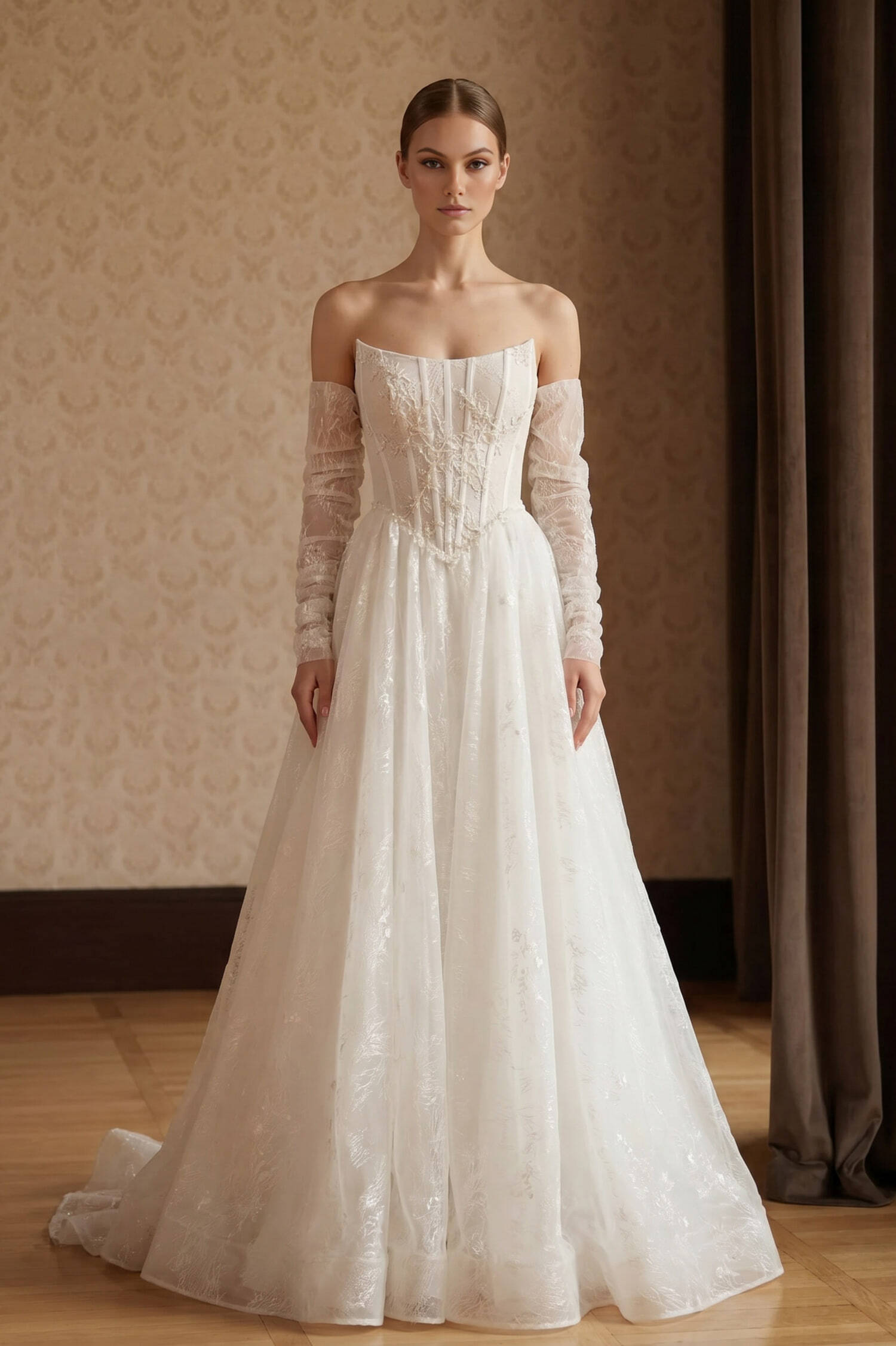 Свадебное платье EVELINE кружевное платье с открытыми плечами и шлейфом, PRIMA BRIDAL Москва