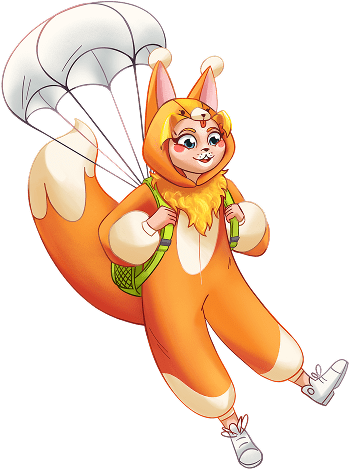 An illustration of a red-haired girl in a cute squirrel costume for a parachute jump performance