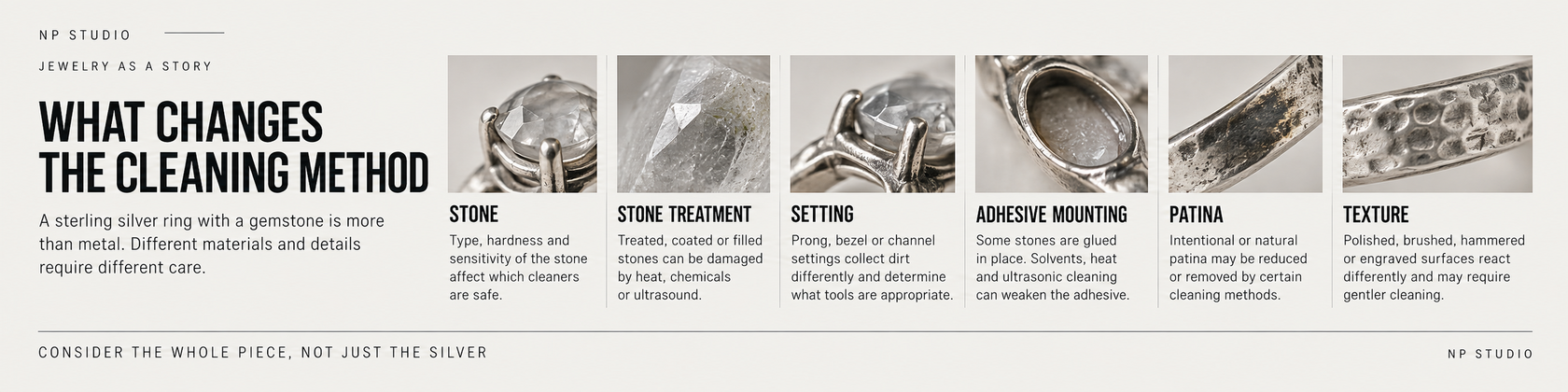What to check before cleaning gemstone silver jewelry: stone treatment, setting and possible adhesive mounting