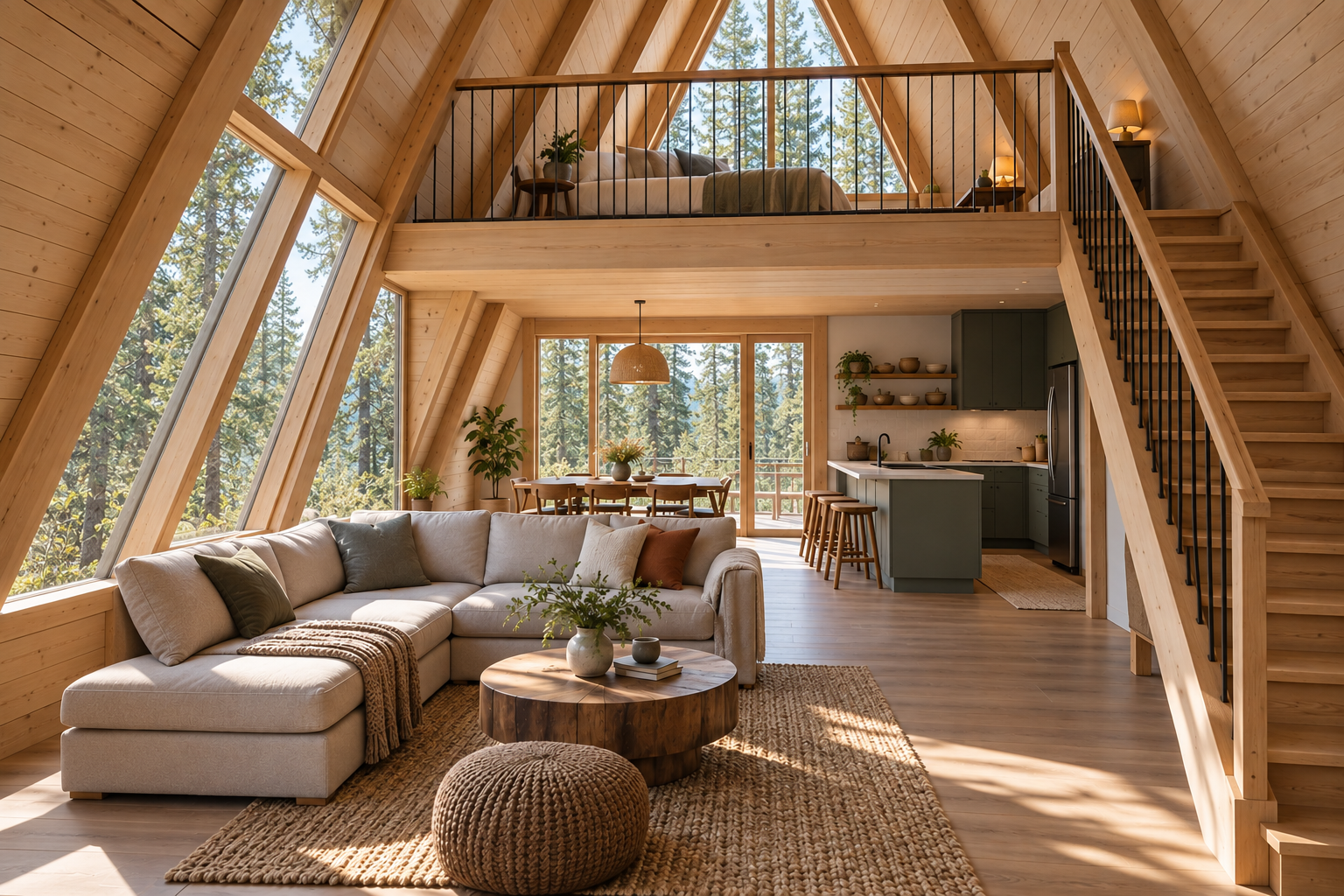 ИИ-иллюстрация условного A-frame с гостиной, лестницей и открытым спальным уровнем