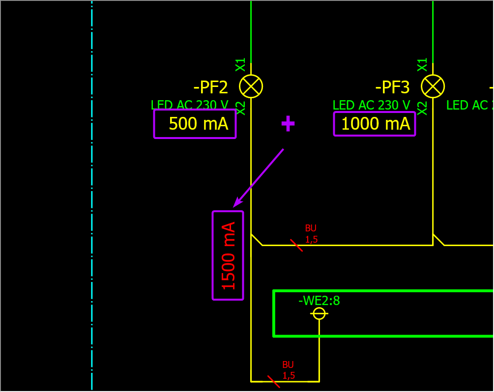 Вычисление суммарного потребляемого тока двух ламп с явным указанием единиц (мА)