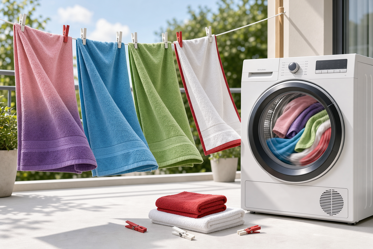 Towels hanging to dry outdoors and also in a dryer, showing natural sunlight and tumbling action, emphasis on fabric and air flow
