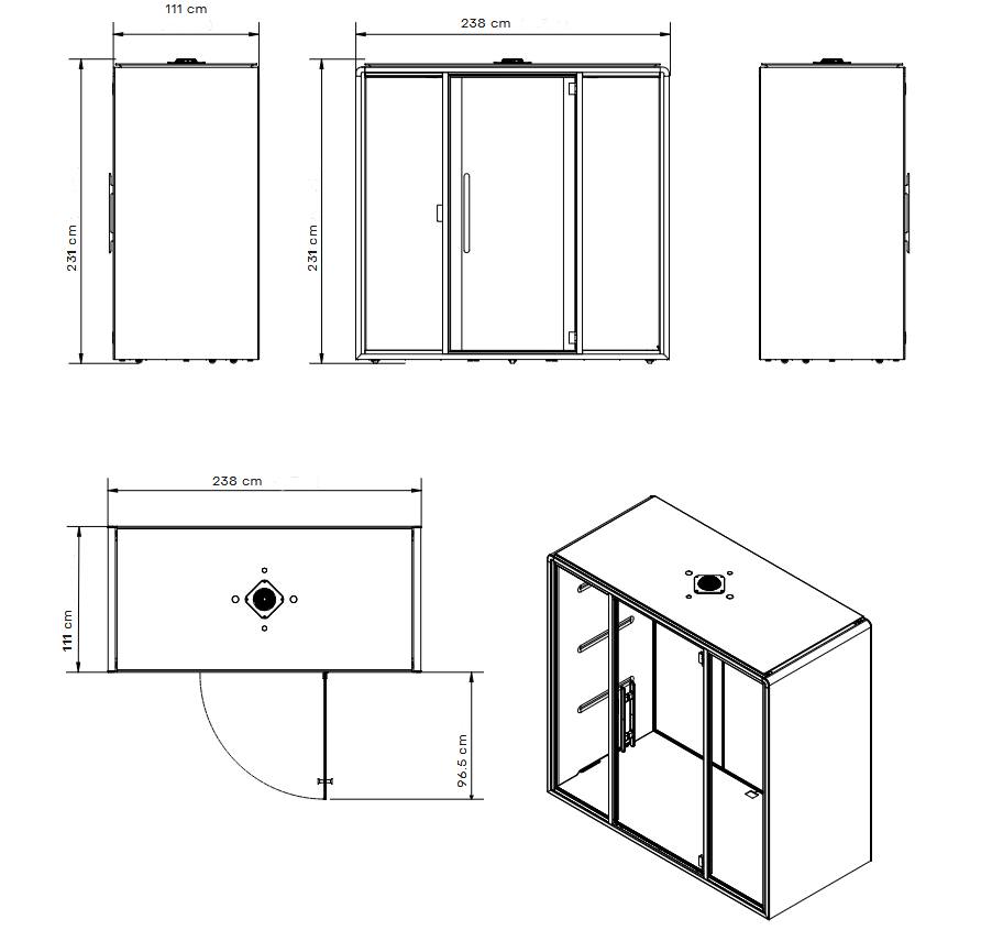 Technical drawing of four-person acoustic pod, 238 × 231 cm, door swing 96.5 cm