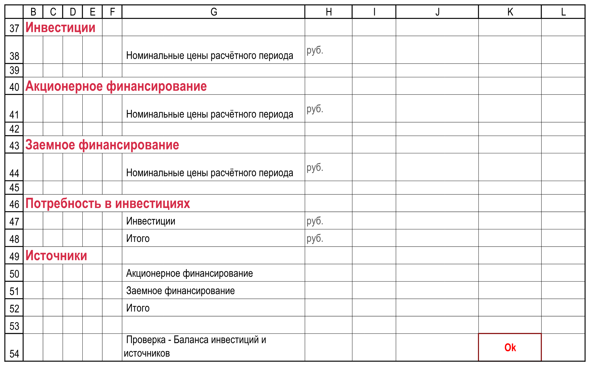 Подписи и контроли. Перенос инвестиций и фактического финансирования; баланс по расчётным периодам. Расчеты!B37:L54.