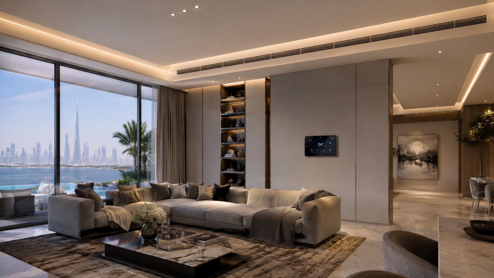 Luxury Dubai villa with intelligent HVAC automation smart climate control KNX integration and energy-efficient cooling system.