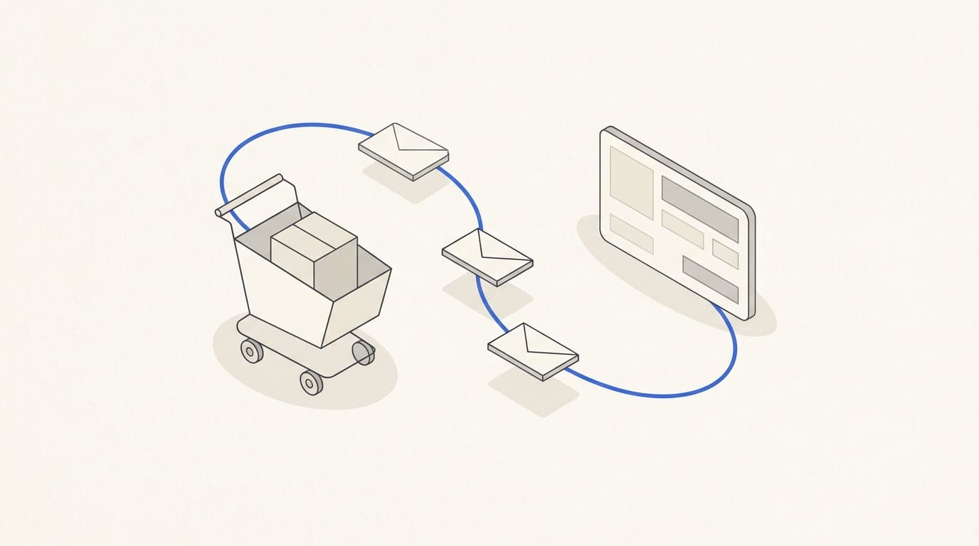 A shopping cart with a product and three envelopes along a path back to checkout.