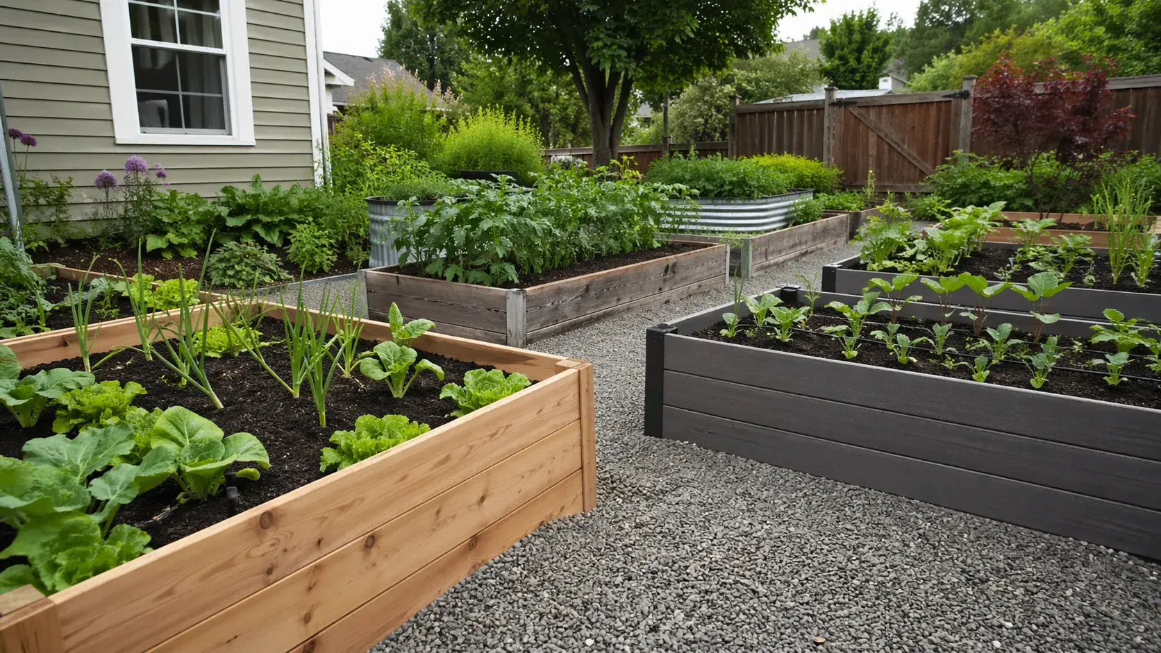 Приподнятые грядки из дерева и ДПК на участке