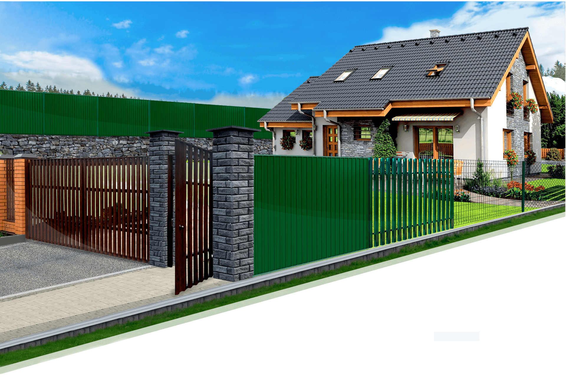 Строительство заборов в московской области. Забор в частном доме. Забор эконом вариант. Забор из профнастила фасад. Забор фасадный из профлиста.