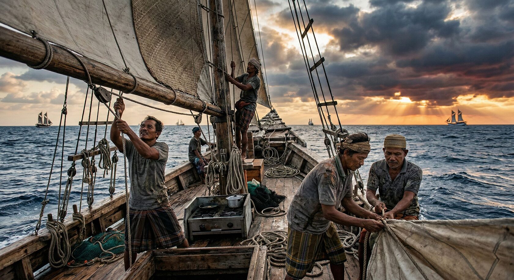 Pelaut Bugis bekerja di atas kapal kayu tradisional di laut, ilustrasi budaya maritim, keberanian, disiplin, dan kerja sama