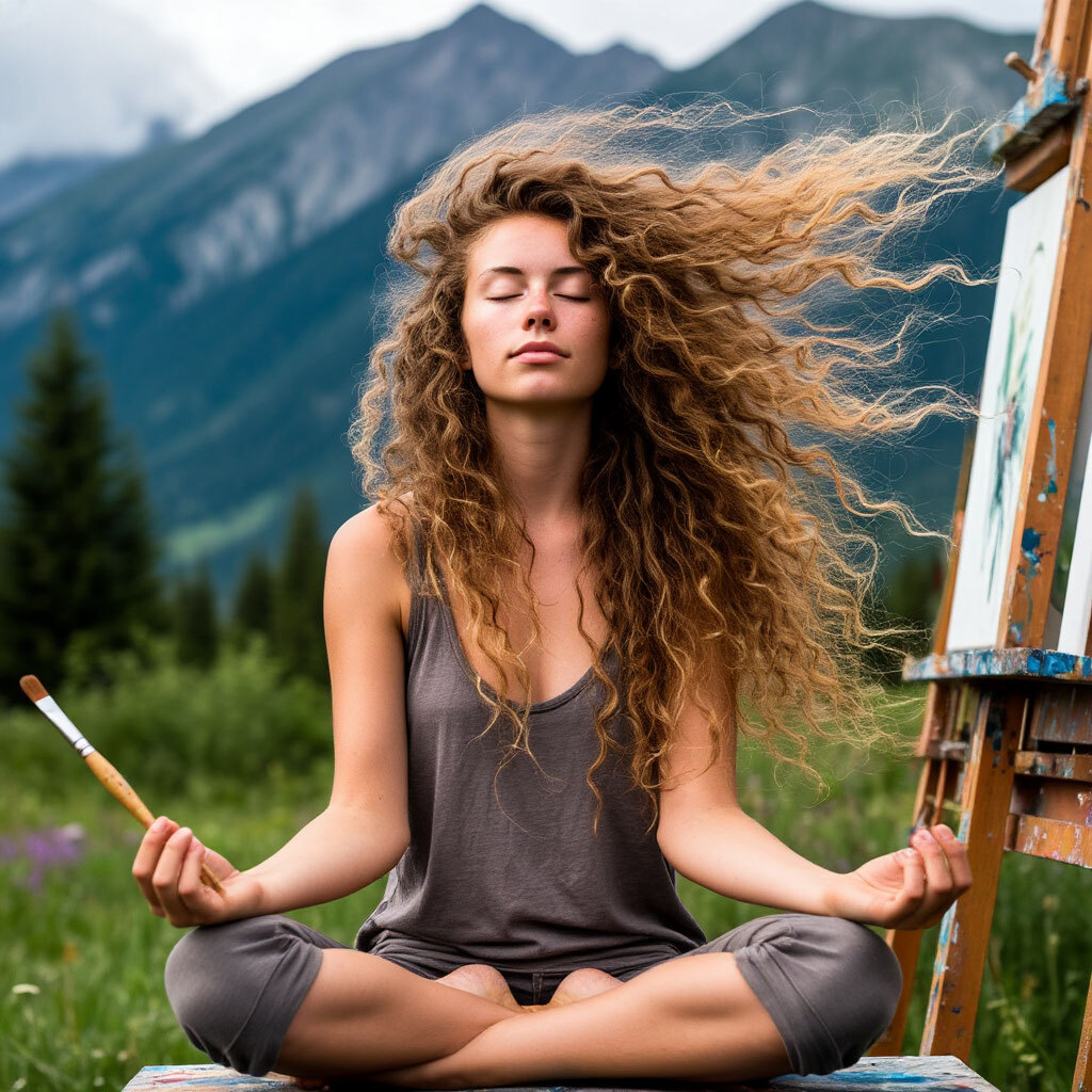 Девушка в позе лотоса с длинными волосами, развевающимися на ветру, в сером костюме и с кисточкой думает об арт-терапии и о том, как избавиться от эмоционального выгорания в Санкт-Петербурге, расслабиться и получить творческий заряд на необычном мастер-классе по современной абстрактной живописи спиртовыми чернилами в баре интерьерных картин Luvricon, позади горы и мольберт