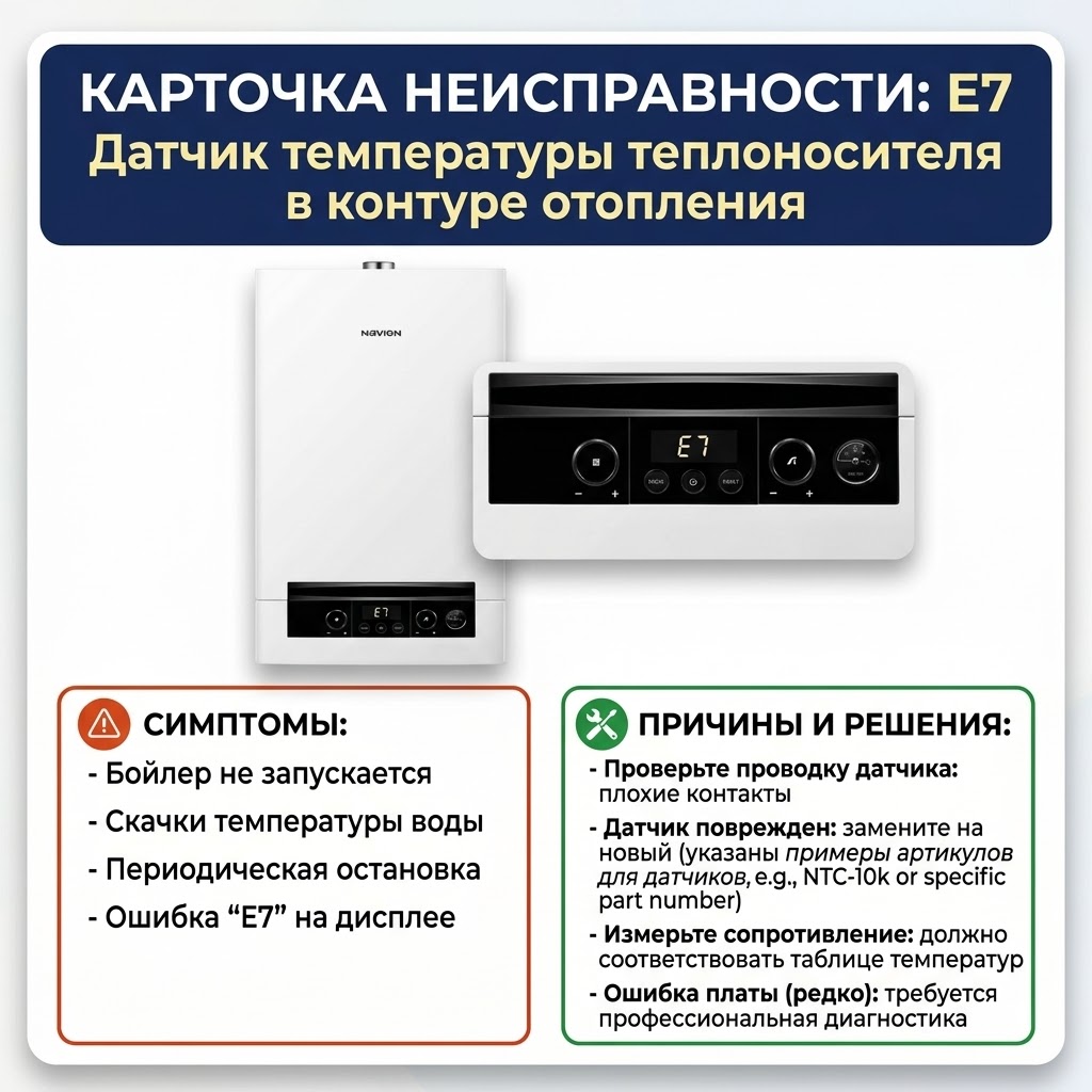 Ошибка Е7 Navien NGB 210 NGB 150. Неисправность датчика температуры теплоносителя в контуре  отопления
