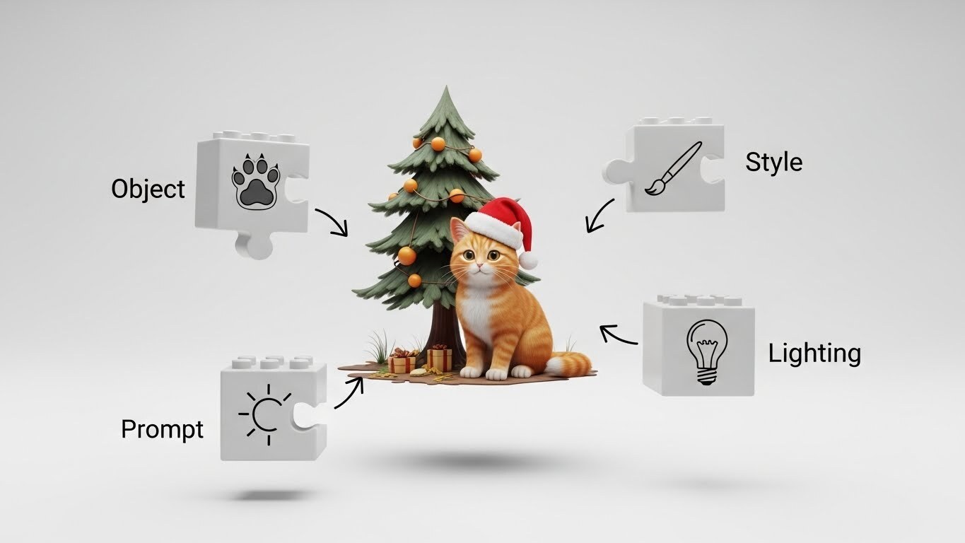 Схема идеального промпта для нейросети: разбор изображения на Объект, Стиль и Освещение на примере новогоднего кота.