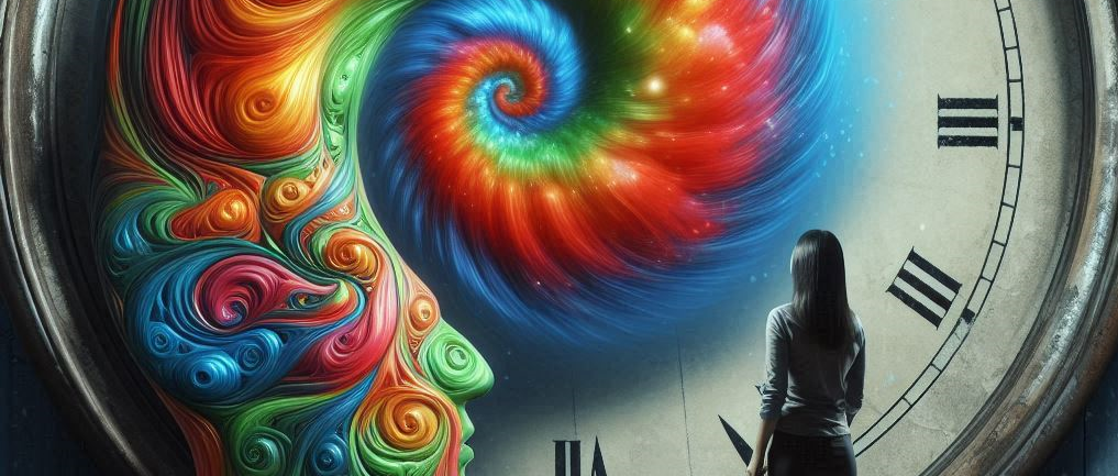 регрессивный гипноз, девушка смотрит на спираль, яркие краски, циферблат, прошлые жизни